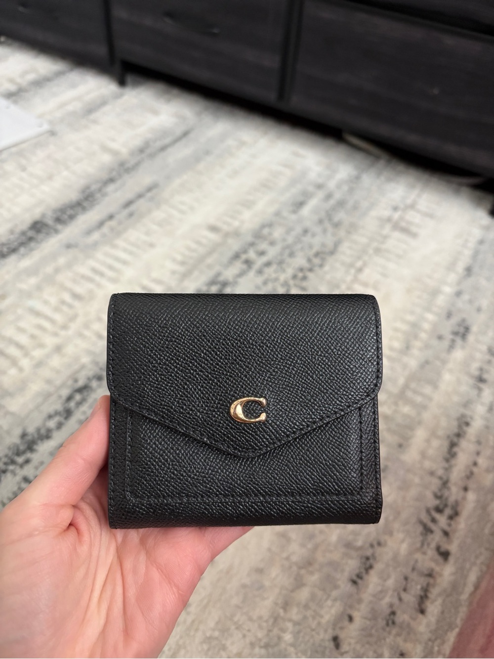Coach Black Leather Compact Wallet with Gold 'C' Logo